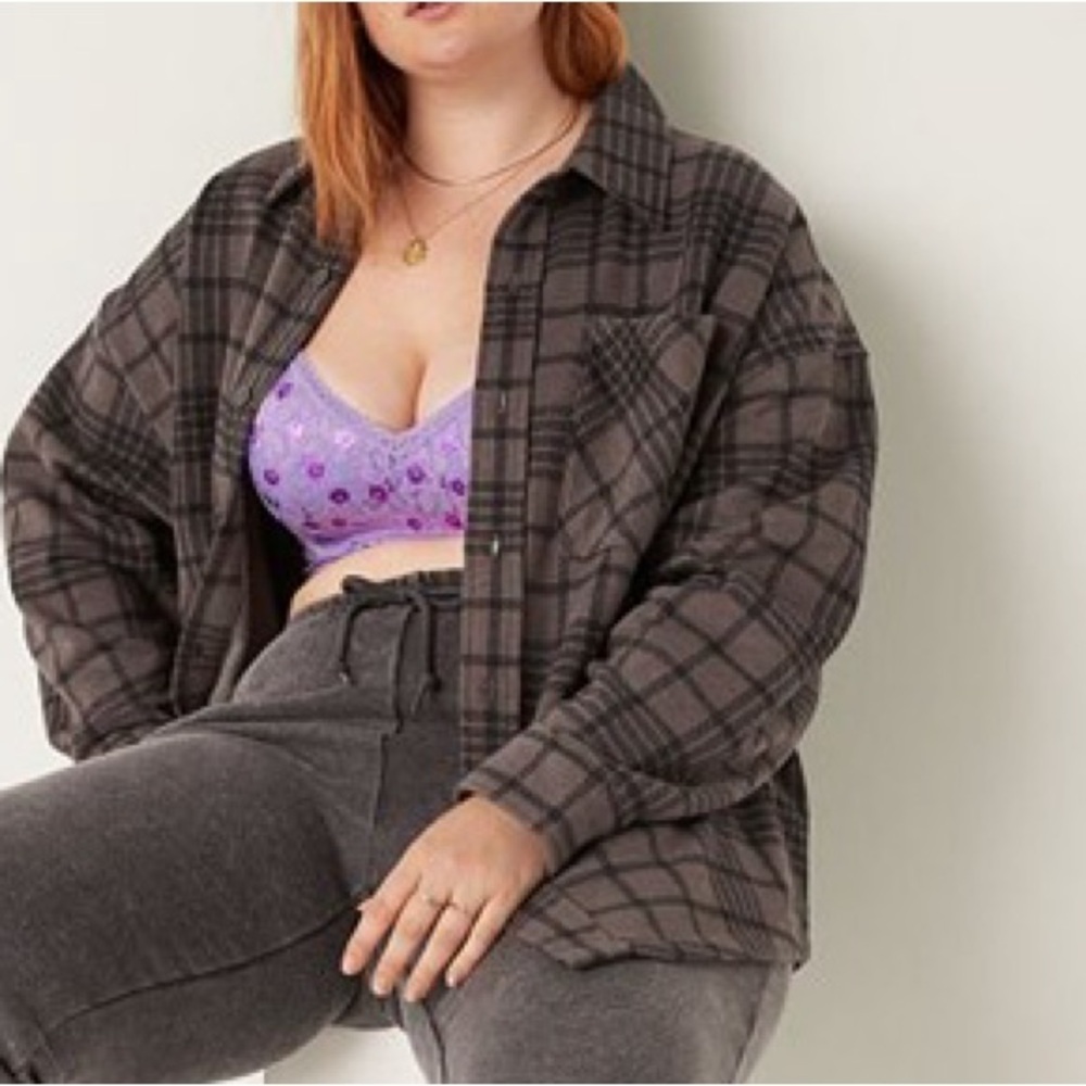 PINK Victoria’s Secret Plaid Button Down Soft Fleece Shacket
